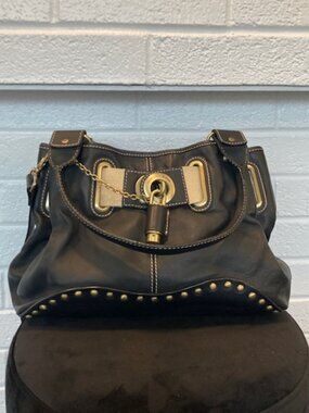 Vintage  Francesco Biasia Italian Black Leather Hobo Crossbody Bag with Studs